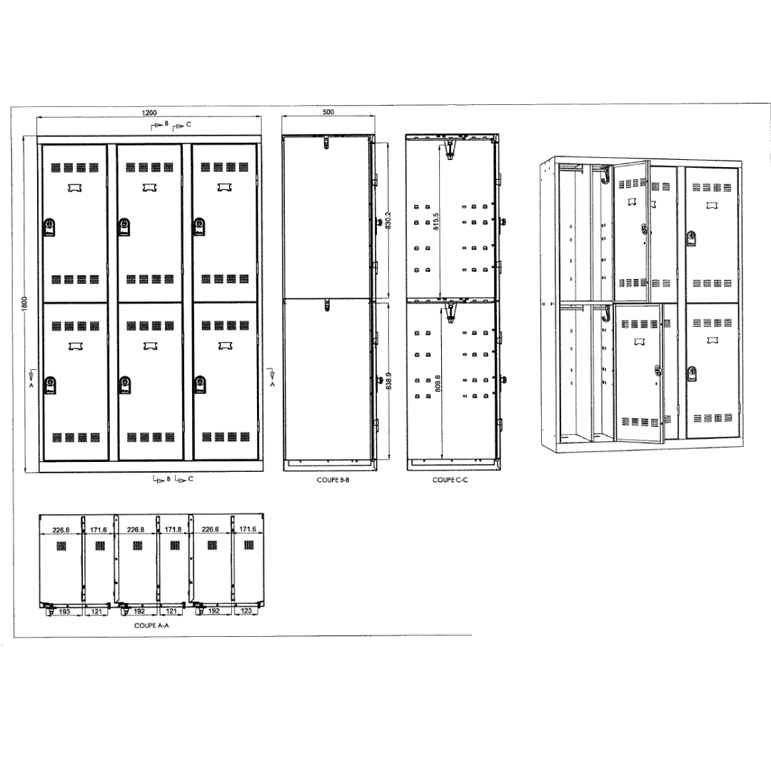 Schéma technique d'un vestiaire multicases gamme PREMIUM, 1 colonne, 2 casiers, avec paroi de séparation propre/sale.